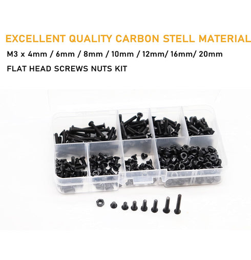 M3 360pcs (7 M3-0.5mm Countersunk 3D binifiMux Screws Kit, Sizes) Black Flat Head Phillips Machine Screws and Hex Nuts
