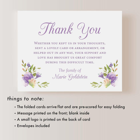 5.5x4.25 Purple Flowers Sympathy Thank You Cards, Custom Funeral Thank You Cards with Name, Personalized Bereavement