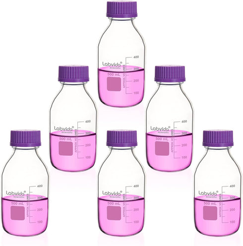 6 pcs 500ml Round Media Storage Bottles with GL45 Screw Cap in Purple, Borosilicate Reagent Bottles
