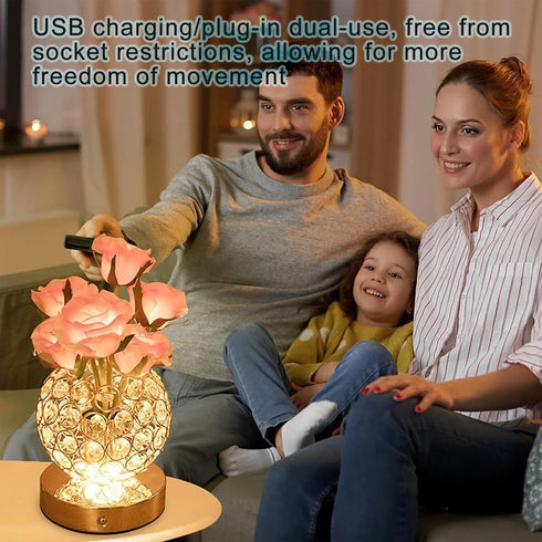JIAYOYO Light,3-Color Dimming,Nightstand Rose Round Crystal Atmosphere Light, LED Flowerpot Desk Lamp, USB Charging