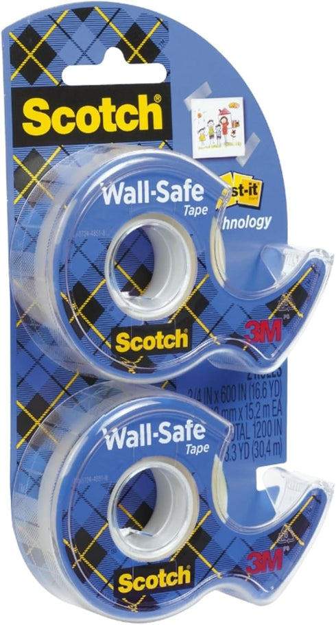 Scotch Wall-Safe Tape, 2 Dispensered Rolls, Invisible, Photo Safe, 3/4 in x 600 in