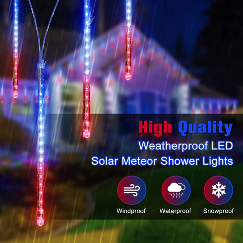 8 144 4th JMEXSUSS Red White and Blue Solar Lights, Tube LEDs Patriotic Solar Meteor Shower Lights Waterproof