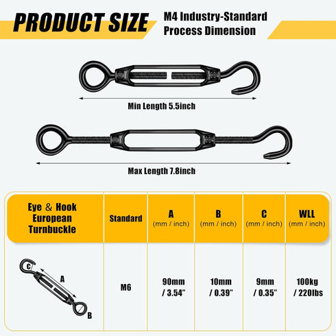 16 M6/5/4 304 Chumia Pcs Turnbuckle Hook and Eye Stainless Steel Heavy Duty Turnbuckle for Cables Wire Rope Tension Sun
