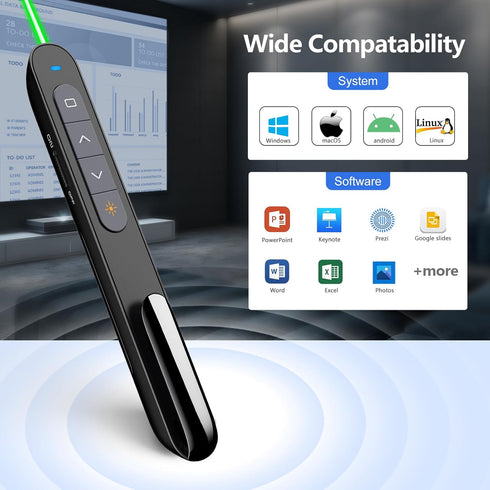 Norwii N76 Rechargeable Presentation Clicker - Long Range Remote for PowerPoint Presentations, Black with Green Light