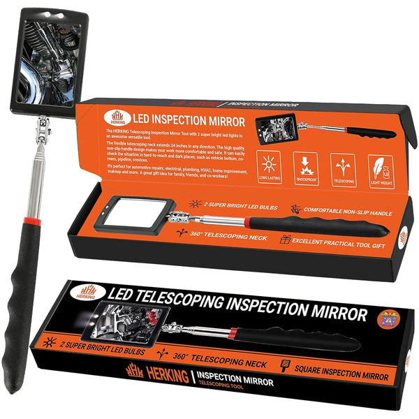 Fathers Day Gifts for Him - Telescoping Inspection Mirror with LED Light, Square Mechanic Tool for Dad, Husband