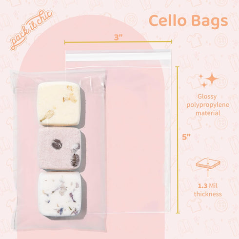 Pack It Chic - 3” X 5” Clear Resealable Cello Poly Bags, 200 Pack, Fits 3X5 Prints & Photos, Self Seal