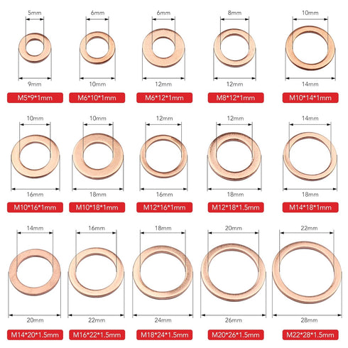 150Pcs Copper Sealing Washers M22 M20 M18 M16 M14 M12 M10 M8 M6 M5 Assortment Kit