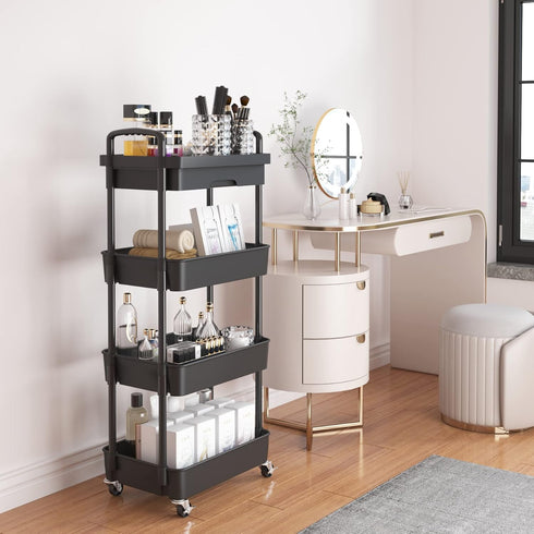 Calmootey 4-Tier Rolling Utility Cart with Drawer, Multifunctional Storage Organizer for Kitchen, Bathroom, Living