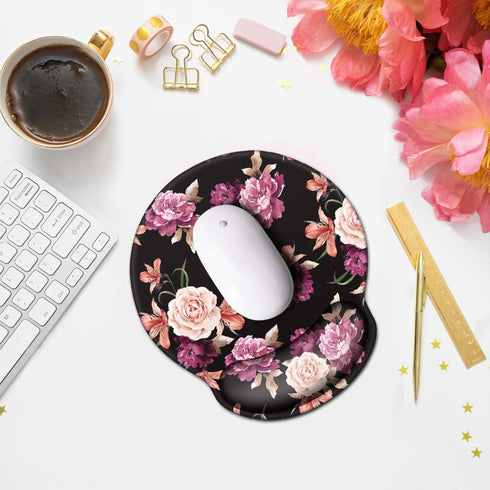 WAVEYU Mouse Pad with Wrist Support, Cute Designed Non-Slip Rubber Base Mousepad for Laptop, Black Flower