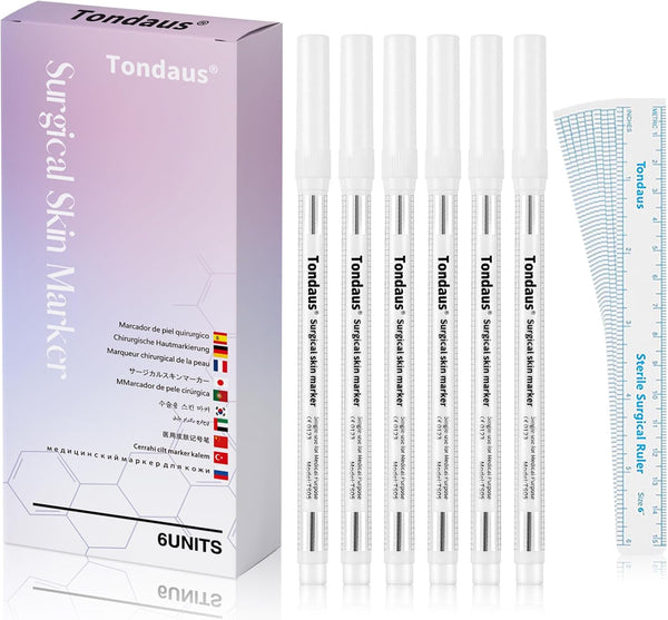 6 Pcs Professional Surgical Tip Skin Marker Pen, White Stencil Markers for Eyebrow, Tattoo Skin Marking, Individually