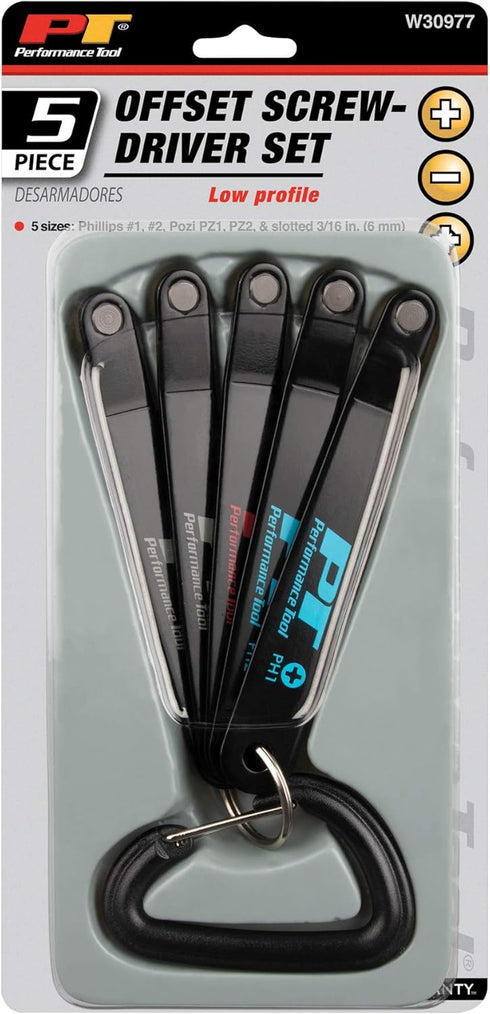 Performance Tool W30977 Low Profile Offset Screwdriver Set with 5 Sizes, Corrosion-Resistant Steel Handles