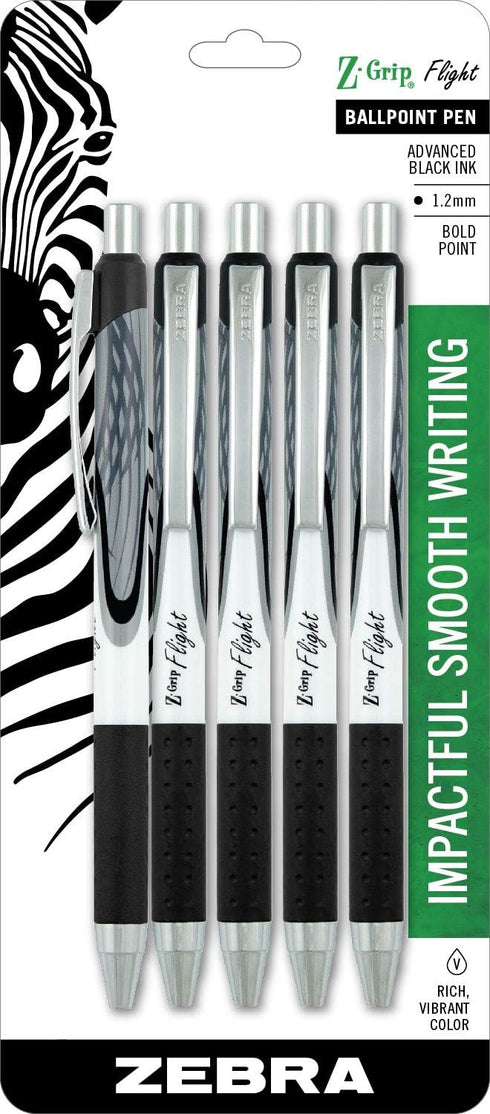 Zebra Pen Z-Grip Flight Retractable Ballpoint Pen, 1.2mm, Bold Point, Black Ink, 5-Count