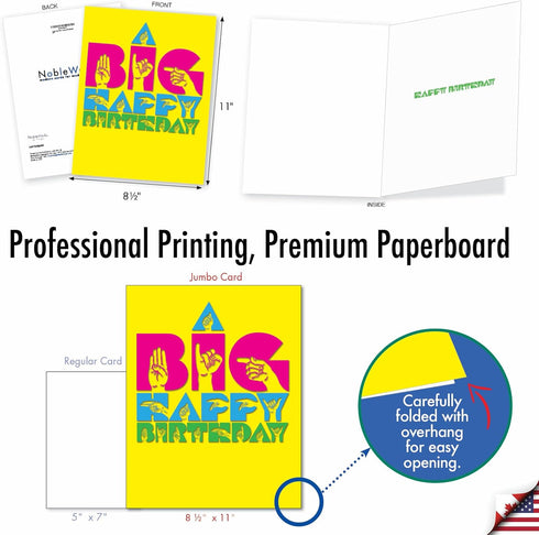 The Best Card Company 1 Jumbo Birthday Hands Sign Language Card w/Envelope, 8.5 x 11 Inc, Signing Card for Birthdays.