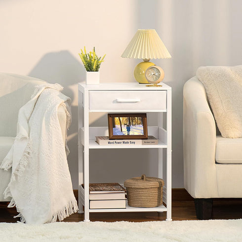 Lerliuo White Printer Stand with Fabric Drawer, 3 Tier Industrial Side Table, Modern Small Desk Holder