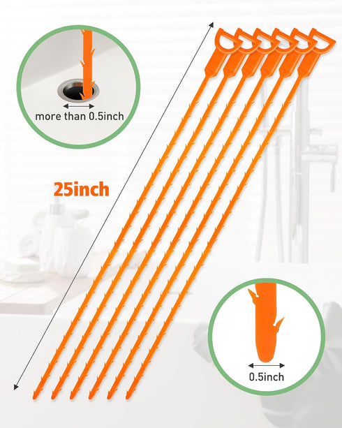 Drain Clog Remover, 25-Inch Hair Removal Tool, Plumbing Snake, Easy & Quick to Use, 6 Pack
