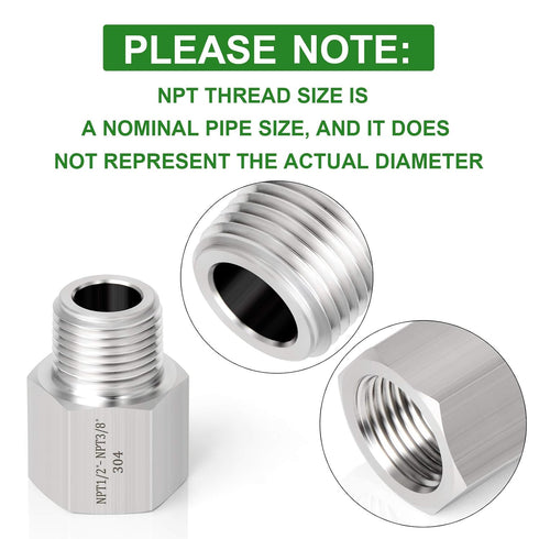 TAISHER 2PCS 304 Stainless Steel Pipe Fitting, Reducer Adapter 3/8-Inch Male x 1/2-Inch Female