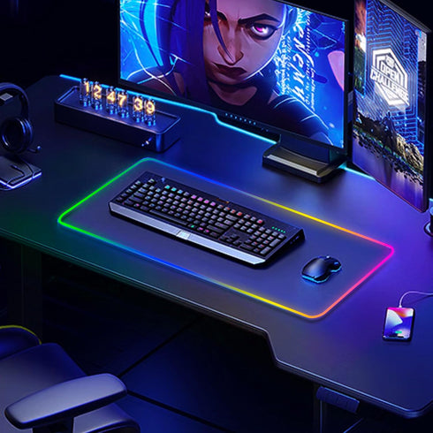 Large RGB Gaming Mouse Pad with 15 Light Modes, Touch Control, Extended Soft Keyboard Mat, Non-Slip Rubber Base