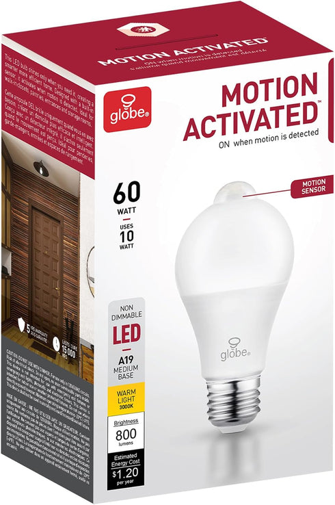 31448 60W (3000K) A19 Non-Dimmable Bulb, E26 800 Globe Electric Equivalent Warm White Motion Sensor LED Light Base
