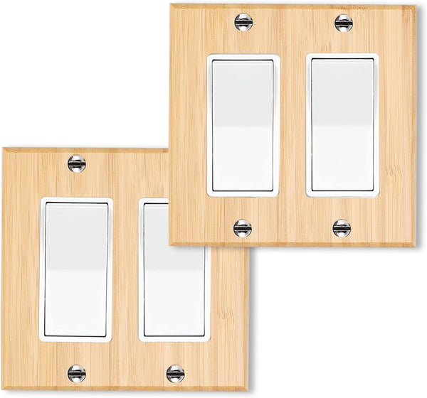 2PC Solid Wood Double Rocker Light Switch Plate, 4.5" X 4.5" Bamboo Light Switch Cover for Home Decor
