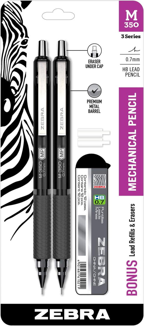 Zebra Pen M-350 Mechanical Pencil, 0.7mm Medium Point, Space Black Premium Metal Barrel, 2-Pack with Lead and Eraser