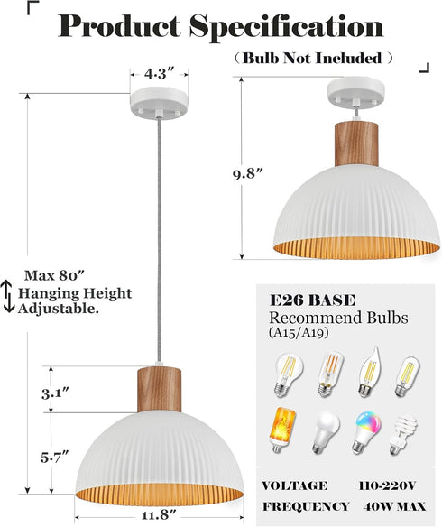 12" ELYONA Modern Ash Wood Pendant Light Fixtures Hanging Lamp Nordic White Metal & Gold Inner Finish Boho Pendant
