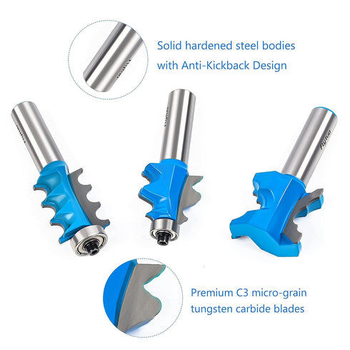 3PCS Set, 1/2" Architectural Molding Router Bit Shank, Corner Rounding & Edge-Forming for Woodworking Milling