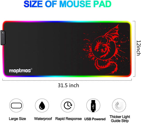 RGB Gaming Mouse Pad, Anime Dragon Mousepad Mat with 15 Lighting Modes, 31.5 X 12 Inch (Red)