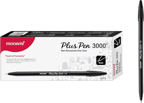 MONAMI Plus Pen 3000 Felt Tip Pens, Fine Point (0.4mm), Black, 12-Count for Writing/Journaling