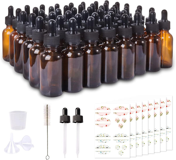 48 Pack 1oz Amber Glass Bottles with Glass Eye Droppers for Essential Oils, Perfumes & Lab Chemicals (54 Pieces Labels)