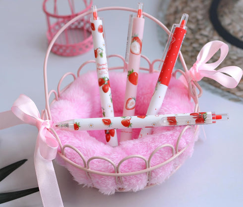 YYaaloa 12pcs Cute Strawberry Pens, Black Gel Ink Retractable 0.5mm Gel Pens, Fun Gifts for Kids Girls Boys