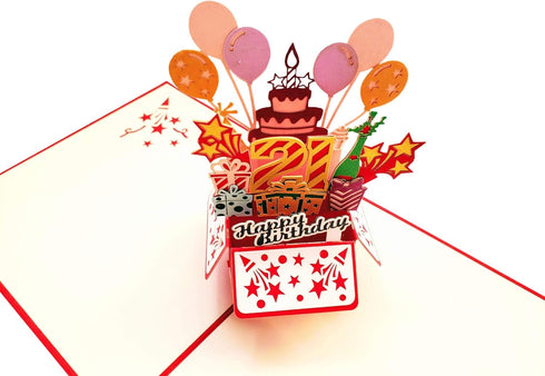 iGifts And Cards Happy 21st Red Birthday Party Box - 3D Pop Up Greeting Card for Unique Celebration, Balloons, Gifts