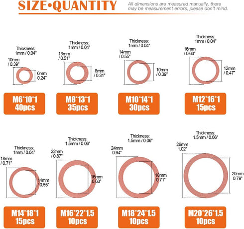 165 Pcs Copper Washer Assortment, 8 Sizes M6 M8 M10 M12 M14 M16 M18 M20 with Storage Case