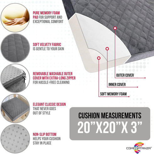 COMFORTANZA 20x20x3 Medium-Soft Memory Foam Recliner Chair Seat Cushion for Long Sitting - Armchair Pad with Washable