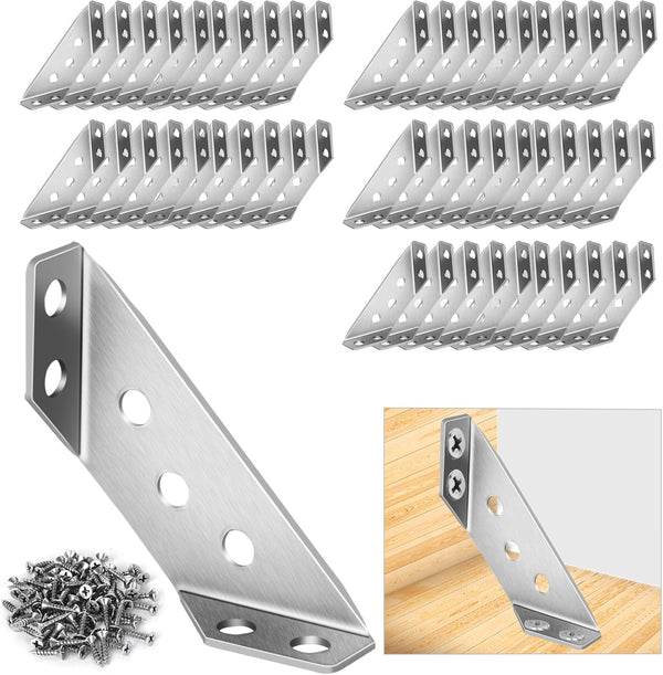 Sissinda 50Pcs Universal Stainless Steel Furniture Corner Connector, Angle Corner Bracket with Screws,