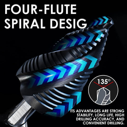 M35 Cobalt Step Drill Bit, Four Spiral Flute Unibit (1/4"-1-3/8") Wear-Resistant TiAlN Coated, 3/8" Shank for Metal,