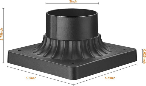 Outdoor Post Light Base Mount, 3'' Adapter in Black Finish for Deck Porch Patio, 5.5" W x 5.5" D x 3.25" H