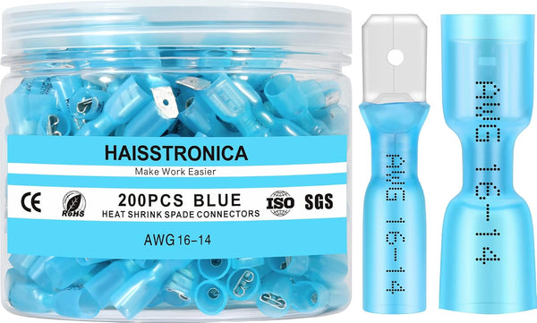 haisstronica 200PCS Blue Heat Shrink Spade Connectors, AWG 16-14 Heat Shrink Terminals Kit