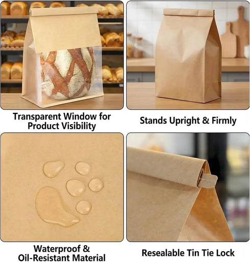 50 9x4.3x11 Inch PCS Bakery Bags with Window - Large Bread Bags for Homemade & Sourdough Bread, Brown Paper Bread Bag