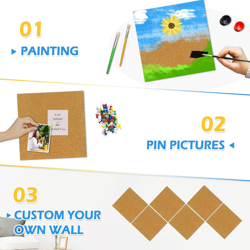 DOLLAR BOSS Cork Board Tiles, 6 Packs 12" x 12" 1/2" Thick Self Adhesive Corkboards with 60 Pushpins