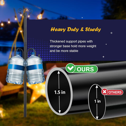 ETICSIPA 10FT 1.5 Inch 2 1 String Light Poles, Heavy Duty Poles for Outdoor String Lights with Shepherd Hook, in Light