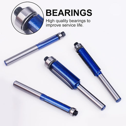 BAIDETS 1/4 Inch Set, 13/16", 1-1/16", 1-3/16", 1-7/32" Straight Flush Trim Router Bits Shank, Top Bearing Flush Trim