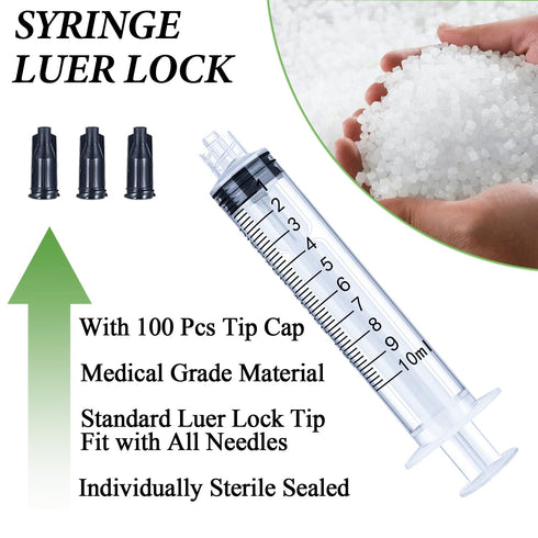 100 Pack 10ml Syringes Luer Lock with Cap, 10cc Syringe without Needle, Individual Sterilized Wrapped