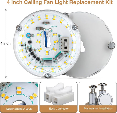Ledytech 4 Inch, 18W, 3CCT 3000K-4000k-5000K 120V, 2200LM, CRI90, Dimmable LED Ceiling Fan Light Retrofit Kit, Ceiling
