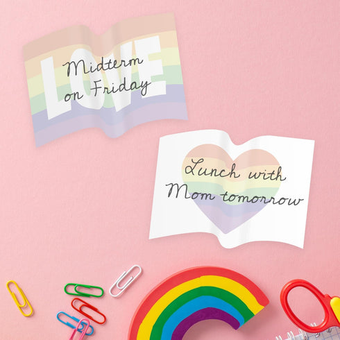 Gay Pride Flag Sticky Note Assortment | 4" x 3" Repositionable LGBTQ Love Notes | Set of 3 Rainbow Heart Flag Pads