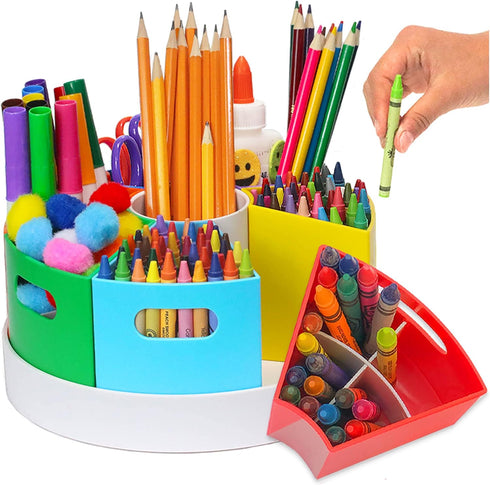 PUZZLE EZ Crayon Organizer - Rotating Lazy Susan School Art Supplies Caddy, Kids Desk Organizer with Rainbow Color Bins