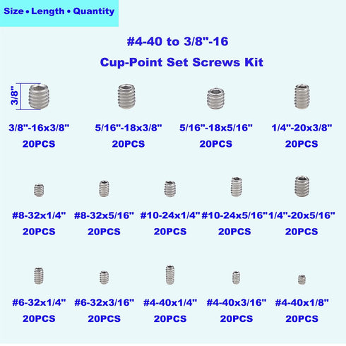 4-40 to 3/8"-16 Stainless Steel Internal Hex Drive Cup-Point Set Screws Assortment Kit