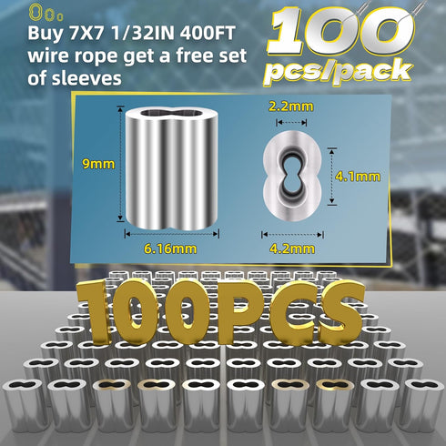 316 400FT 1/32IN 100Pcs Stainless Steel Cable, Wire Rope with Aluminum Sleeves Stops, for String Lights Hanging