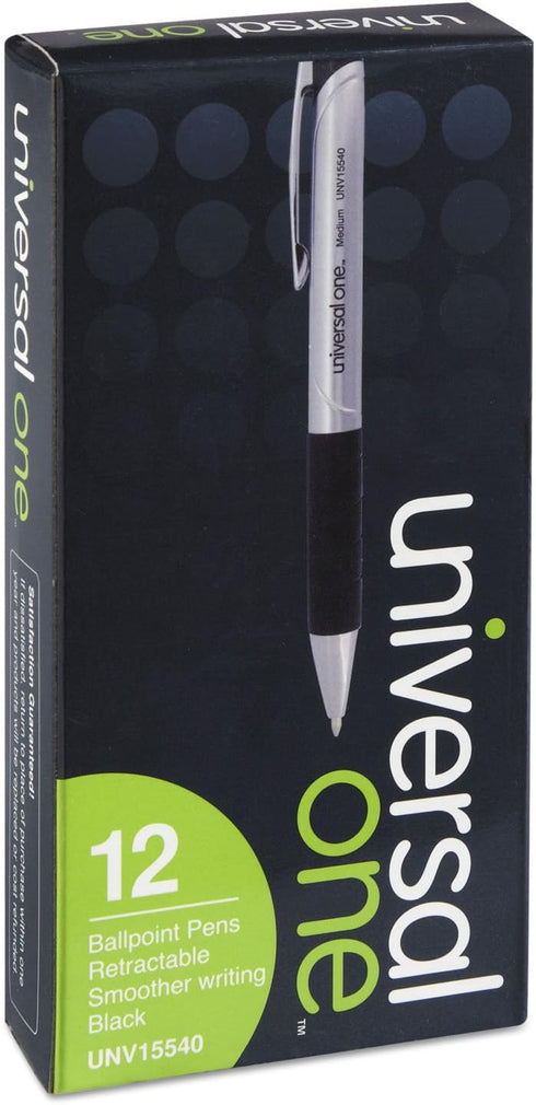 Universal 15540 Advanced Ink Retractable Ballpoint Pen, Black Ink, Silver, 1mm, Dozen