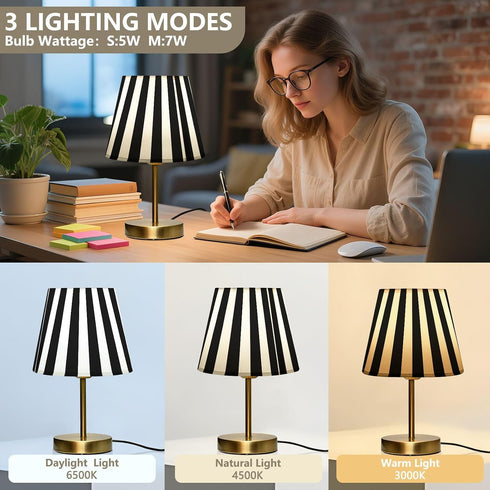Dimmable ALAZA Table Lamp for Bedroom Nightstand White Black Stripe Bedside Lamp with USB Port Fabric Shade Desk Lamps
