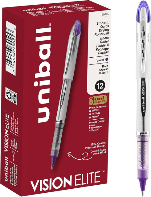 uniball Vision Elite Roller Ball Pen, Stick, Bold 0.8 Mm, Purple Ink, White/Purple Barrel